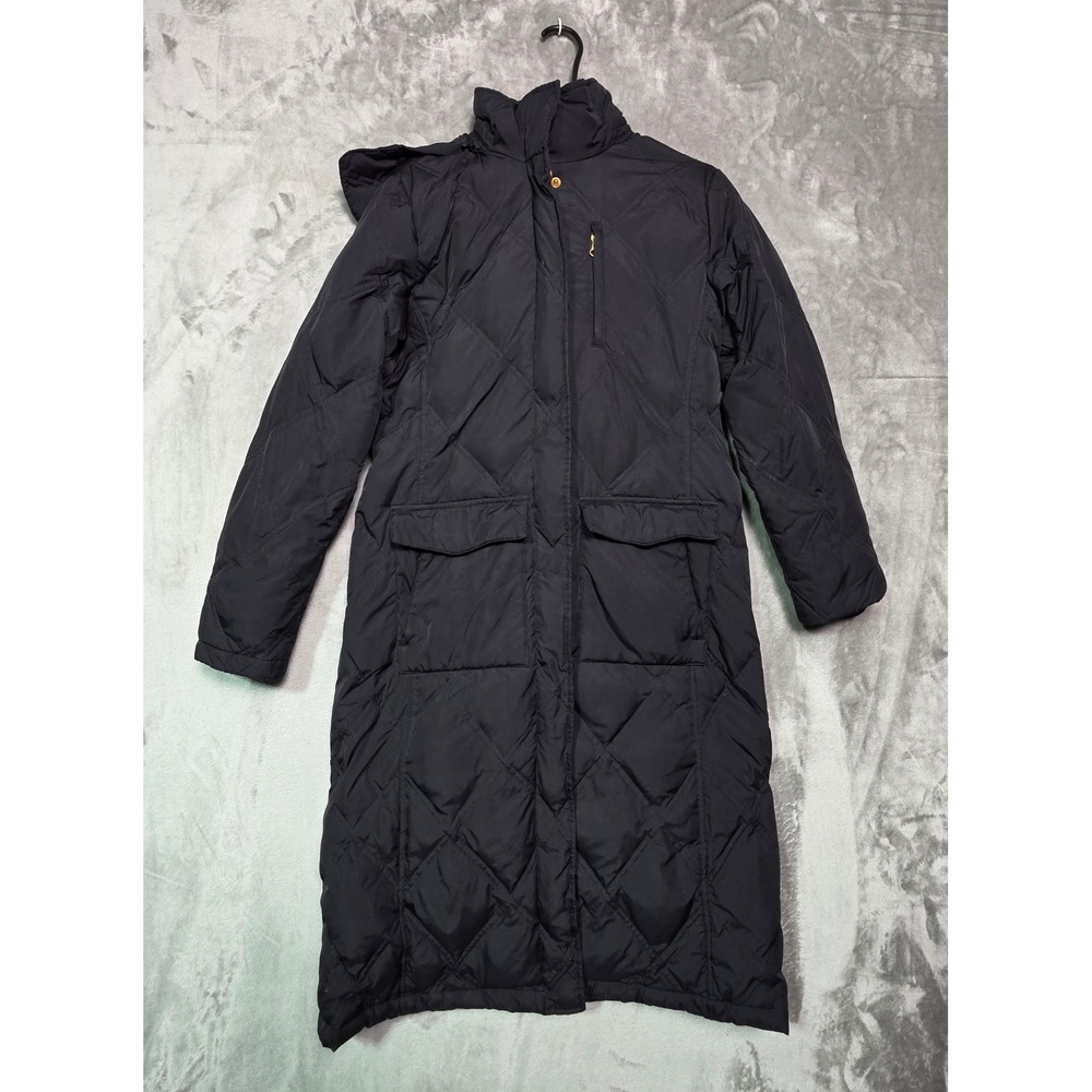 Lands End Womens XS Black Diamond Quilted Long Down Puffer Coat Faux Fur Hood